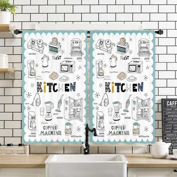 Cute Cartoon Appliances Kitchen Window Curtains 2 Panels 27.5W x 39H Rod Pocket Cooking Line Art Doodle Small Short Door Decor Bathroom Drapery Treatment
