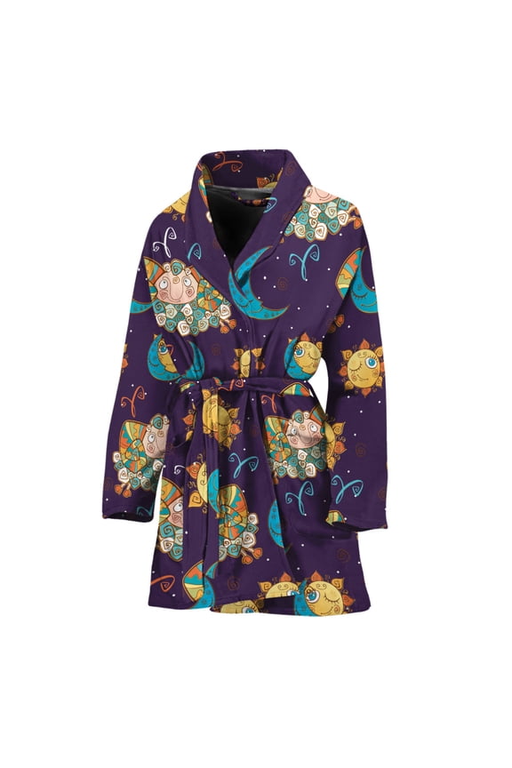 Cute Cartoon Aries Pattern Women Bathrobe One Size Univeral Fits, Zodiac Horoscope Fashion Lightweight Plush Fleece Long Robe For Women