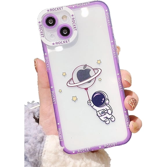 Cute Cartoon Astronaut Clear Soft Phone Case Compatible with iPhone Case (Purple,iPhone 14 Plus)