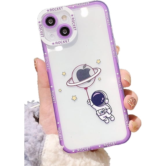 Cute Cartoon Astronaut Clear Soft Phone Case Compatible with iPhone Case (Purple,iPhone 14)