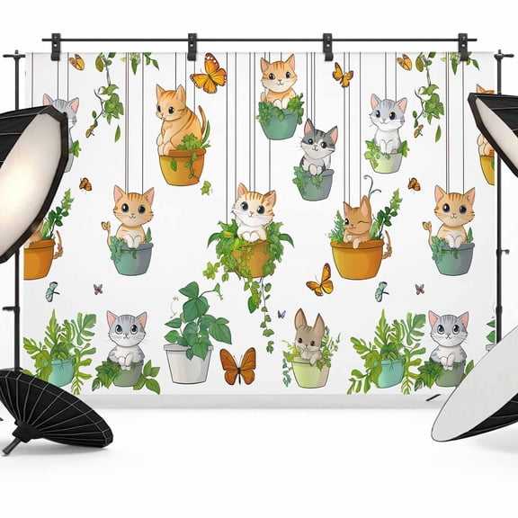Cute Cartoon Backdrop for Photoshoot,Photography Photo Studio Background Wall Backdrop,Cat Butterfly Spring Floral Botanical Back Drop Banner Panel for Portraits Wedding Party Live Streaming 12x8Ft