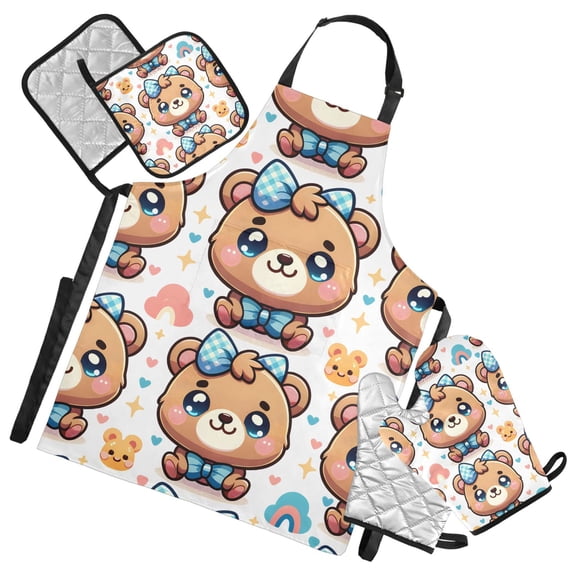 Cute Cartoon Bear 5 Pcs Kitchen Set Heat Resistant Oven Mitts and Non-Slip Pot Holders with Adjustable Cooking Apron