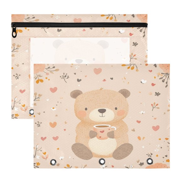 Cute Cartoon Bear A4 Pencil Pouch 3 Ring Zipper Pencil Pouches Pencil Case for Binder Cosmetic Bag 2 Pack