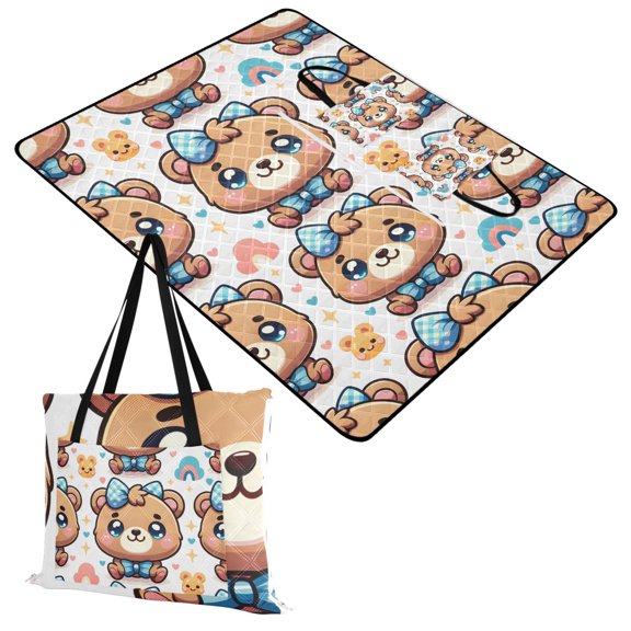 Cute Cartoon Bear Extra Large Picnic Beach Blanket Waterproof Sand Proof Portable Outdoor Mat 60x80