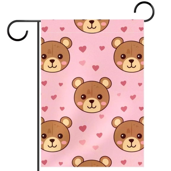 Cute Cartoon Bear Face with Pink Hearts Garden Flag Double Sided House Flag for Outdoor Home, Personalized All Year Round Yard Decor 12 x 18 Inch