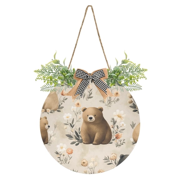 Cute Cartoon Bear Front Door Porch Decoration Hanging Sign with Artificial Green Plants and Bow for Home Outdoor Indoor