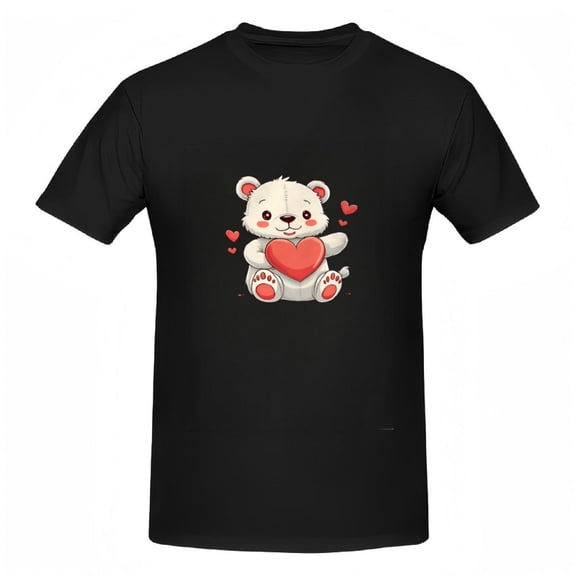 Cute Cartoon Bear Holding Heart T-Shirt for Women - Short Sleeve Cotton Tee with Adorable Floating Hearts Design
