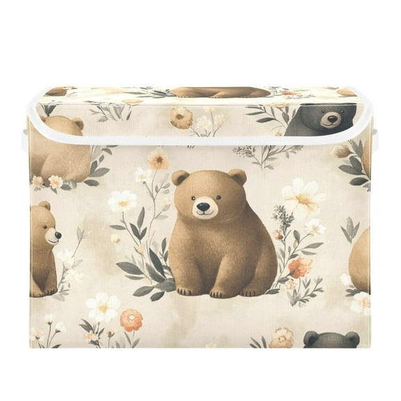 Cute Cartoon Bear Large Storage Bins with Linen Collapsible Lid Storage Box 16.7 x 12.6 x 11.8in