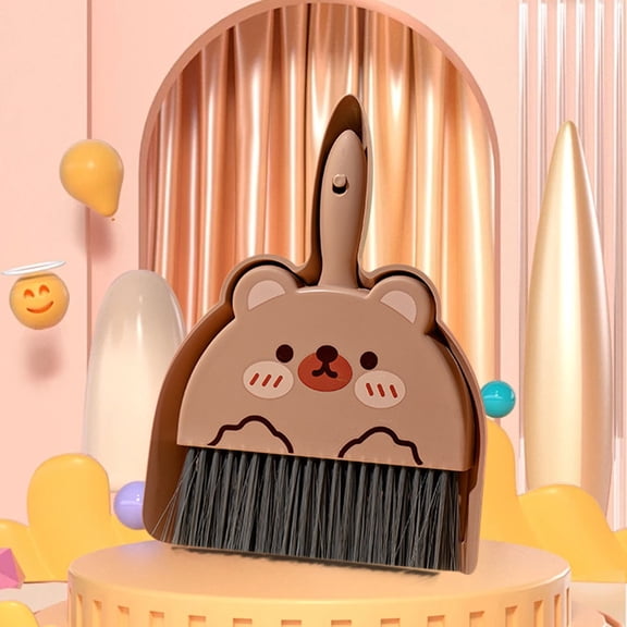 Cute Cartoon Bear Mini Broom and Dustpan Set, Small Handheld Desktop Sweeping Cleaning Brush Whisk, Kids Toddlers Toy Cleaning Tool, Compact Table Counter Top Keyboard Dust Sweeper Garge Shovel
