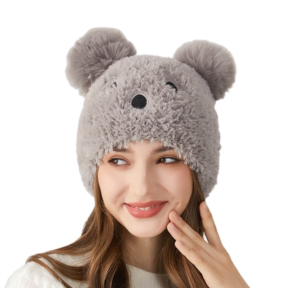 Cute Cartoon Bear Pom-Pom Earflap Knit Hat Age-Defying Thick Soft Fuzzy Hat, Warm Versatile & Daily Commute Cap for Winter Cold Weather,Size:M