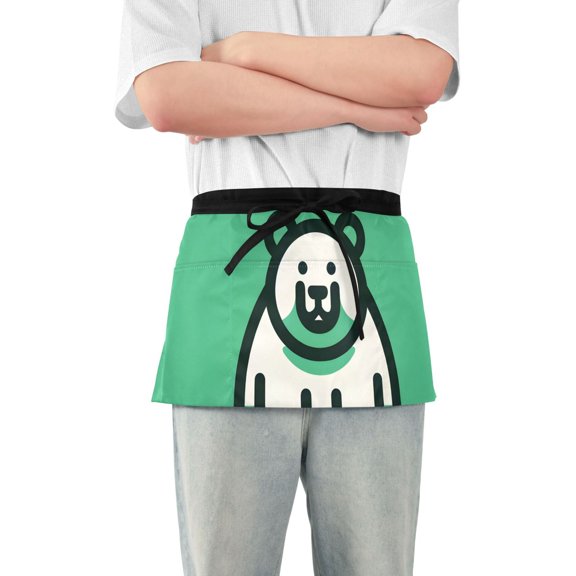 Cute Cartoon Bear Short Server Apron with 3 Pockets for Unisex Chef Gardening