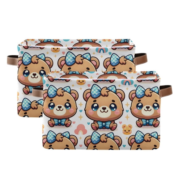 Cute Cartoon Bear Storage Bins with Handle Fabric Organizer Basket Foldable Box 2 Pack 14.2x10.2x8.3