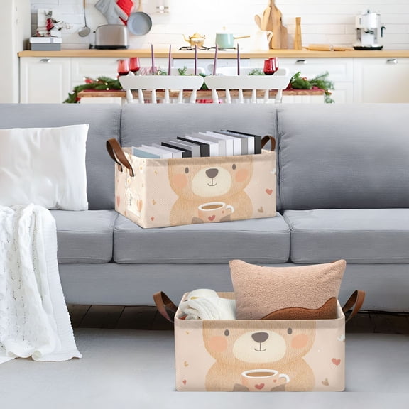 Cute Cartoon Bear Storage Bins with Handles Foldable Storage Baskets for Shelves Organizer Cloth Baskets