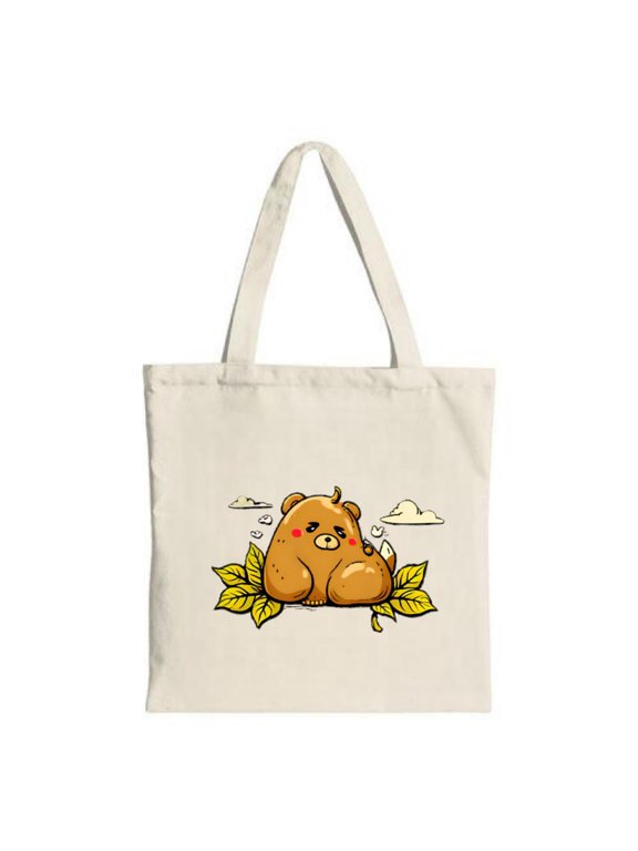 Cute Cartoon Bear Tote Bag - Brown bear with red cheeks on yellow leaves featuring clouds Perfect for shopping travel and parties