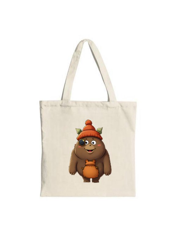 Cute Cartoon Bear Tote Bag - Brown bear with red hat green leaves eyepatch and orange creature Perfect for shopping and travel