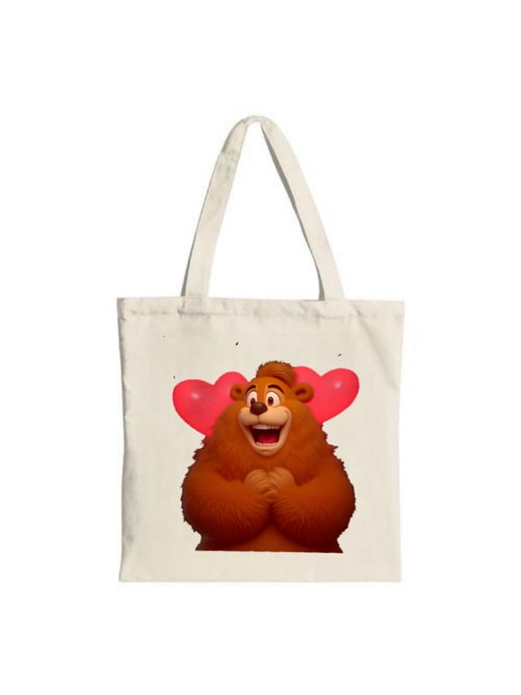 Cute Cartoon Bear Tote Bag - Brown smiling bear with clasped paws and red hearts perfect for shopping travel and parties