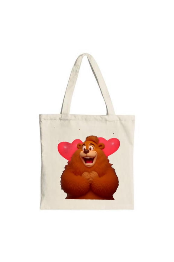 Cute Cartoon Bear Tote Bag - Brown smiling bear with clasped paws and red hearts perfect for shopping travel and parties