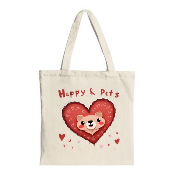 Cute Cartoon Bear Tote Bag - Cream Background Red Heart Design Playful ' Happy ' Text Perfect for Shopping Travel & Parties