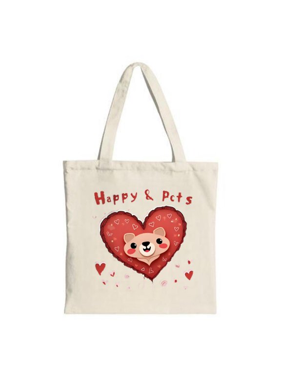 Cute Cartoon Bear Tote Bag - Cream Background Red Heart Design Playful ' Happy ' Text Perfect for Shopping Travel & Parties