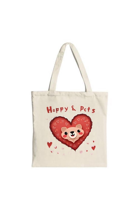 Cute Cartoon Bear Tote Bag - Cream Background Red Heart Design Playful ' Happy ' Text Perfect for Shopping Travel & Parties