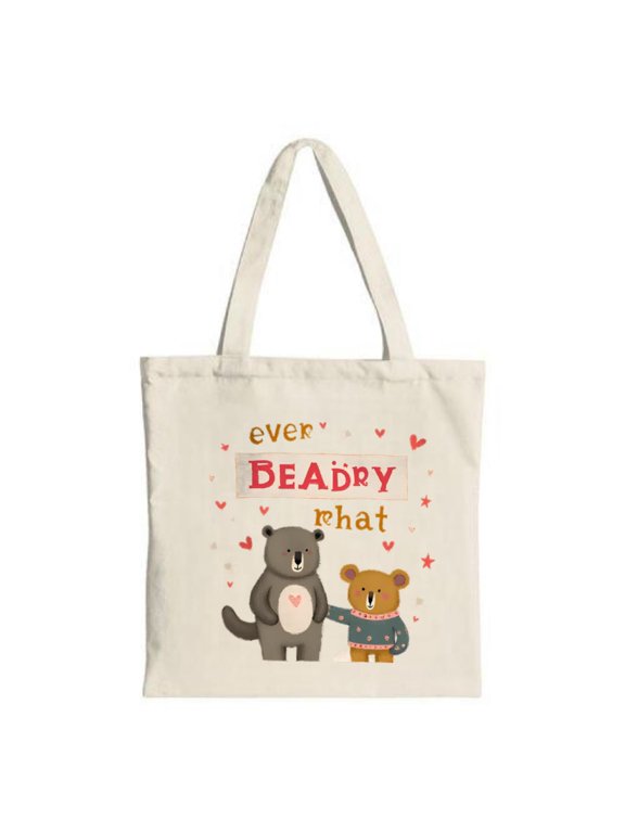 Cute Cartoon Bear Tote Bag - Features a larger bear with a heart and a smaller bear in a sweater perfect for shopping and travel