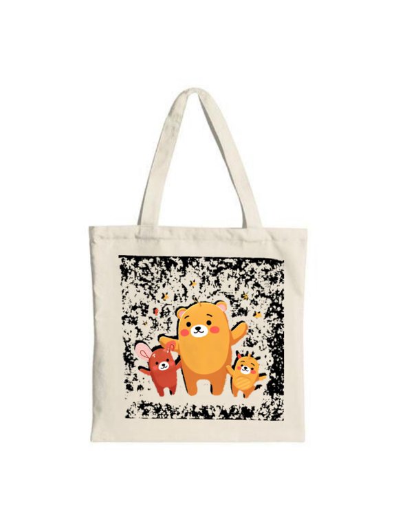 Cute Cartoon Bear Tote Bag - Features an orange bear with brown and yellow companions on a stylish black and white speckled background