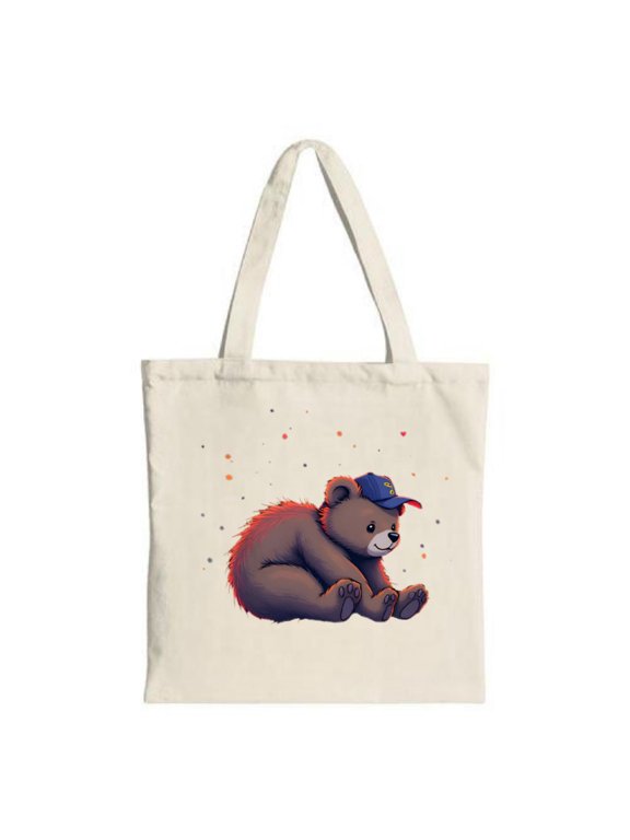 Cute Cartoon Bear Tote Bag - Friendly bear in blue cap with colorful dots perfect for shopping travel and parties