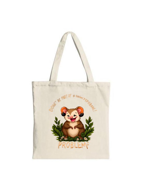 Cute Cartoon Bear Tote Bag - Smiling brown bear with green leaves & white flowers perfect for shopping travel and parties