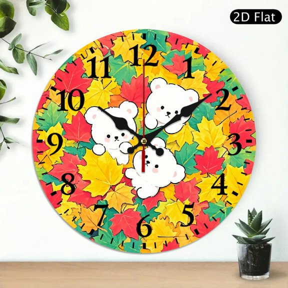 Cute Cartoon Bear Wall Clock, Autumn Maple Leaf Circular Decorative Clock for Kids Room, 10x10 Inch, 1pc, Battery Not Included