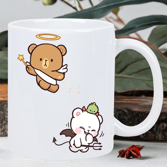 Cute Cartoon Bear and Angel Mug Adorable Devil & Angel Design Perfect Gift for Friends, Family, or Collectors 11 oz Ceramic Coffee Cup