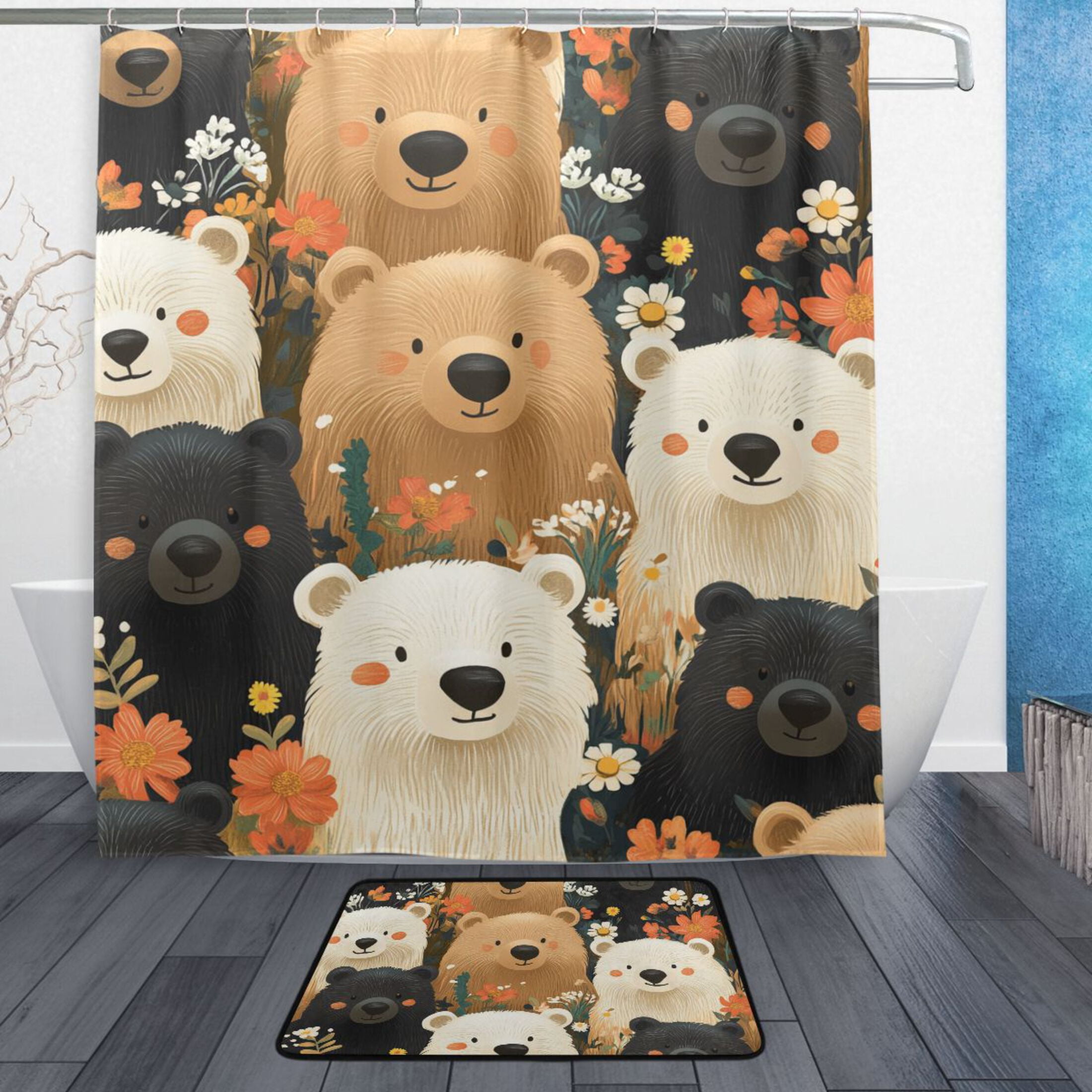 Cute Cartoon Bears 2 Pcs Bathroom Shower Curtain Set with Bath Mat and ...
