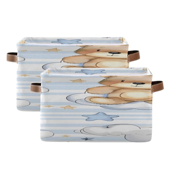 Cute Cartoon Bears Clouds Stars Square Storage Bins with Handles Collapsible Containing Box 2 Packs