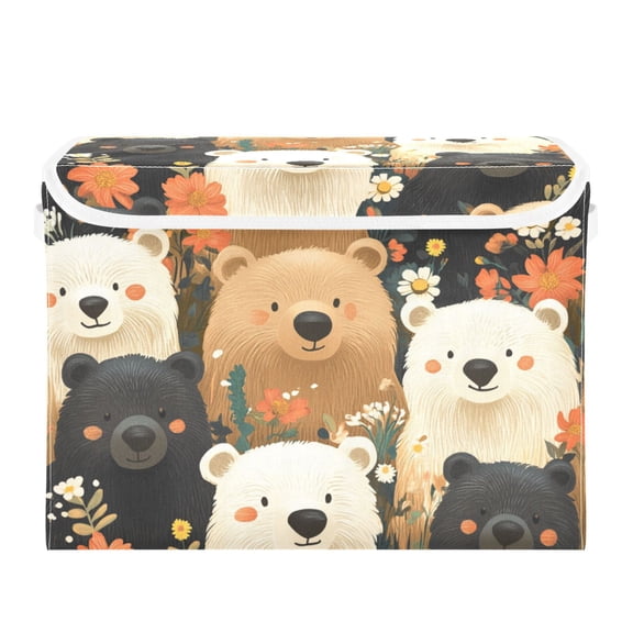 Cute Cartoon Bears Large Storage Bins with Linen Collapsible Lid Storage Box 16.7 x 12.6 x 11.8in