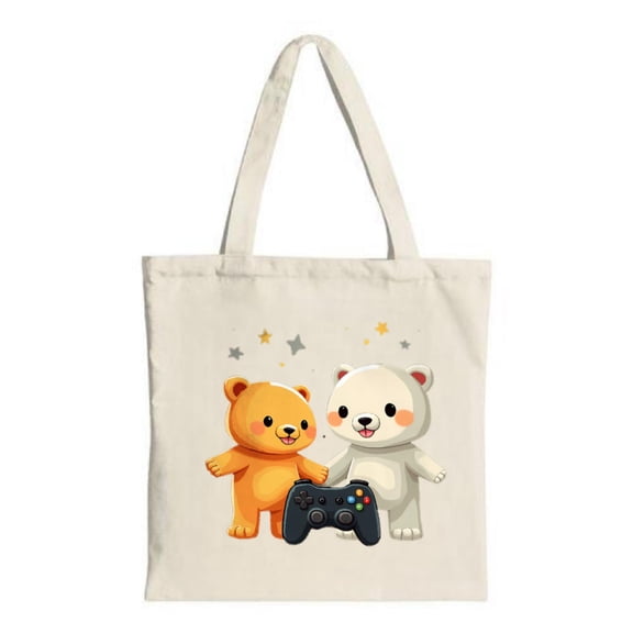 Cute Cartoon Bears Tote Bag - Orange & White Bears with Game Controller Design Perfect for Shopping Travel & Parties