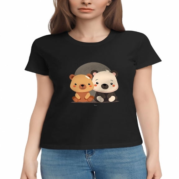 Cute Cartoon Bears Women's Cotton Short Sleeve T-Shirt - Playful Brown & White Bear Design Tee Top for Adults