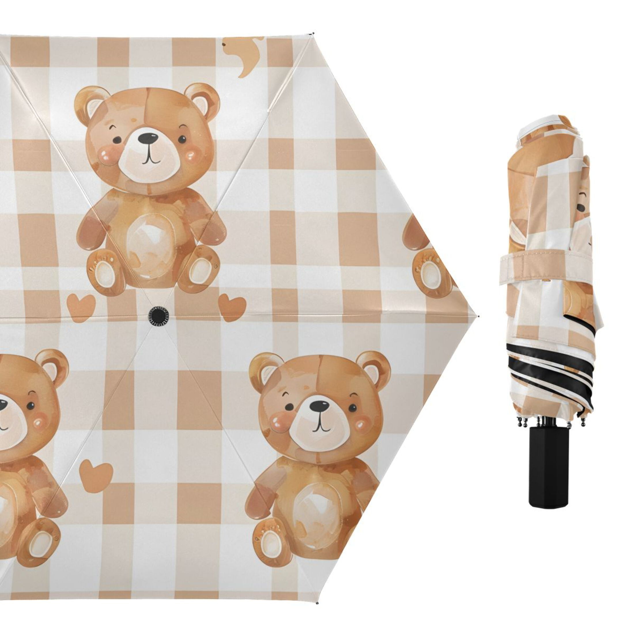 Cute Cartoon Bears with Hearts All Weather Umbrella Triple Folding Parasol 6 Ribs UV Protection Portable
