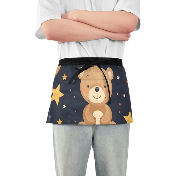 Cute Cartoon Bears with Stars Short Server Apron with 3 Pockets for Unisex Chef Gardening
