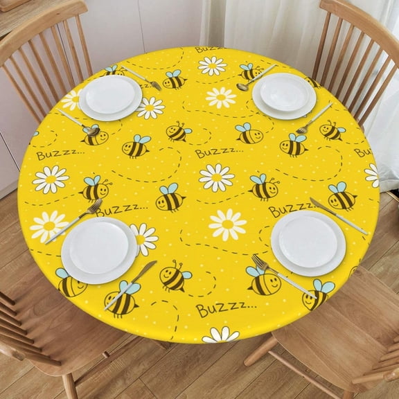 Cute Cartoon Bee Honeycomb Round Fitted Tablecloth with Elastic Protector Table Cloth Kitchen Dinner Waterproof Oil-Proof Table Covers Fits 40"-44", Small