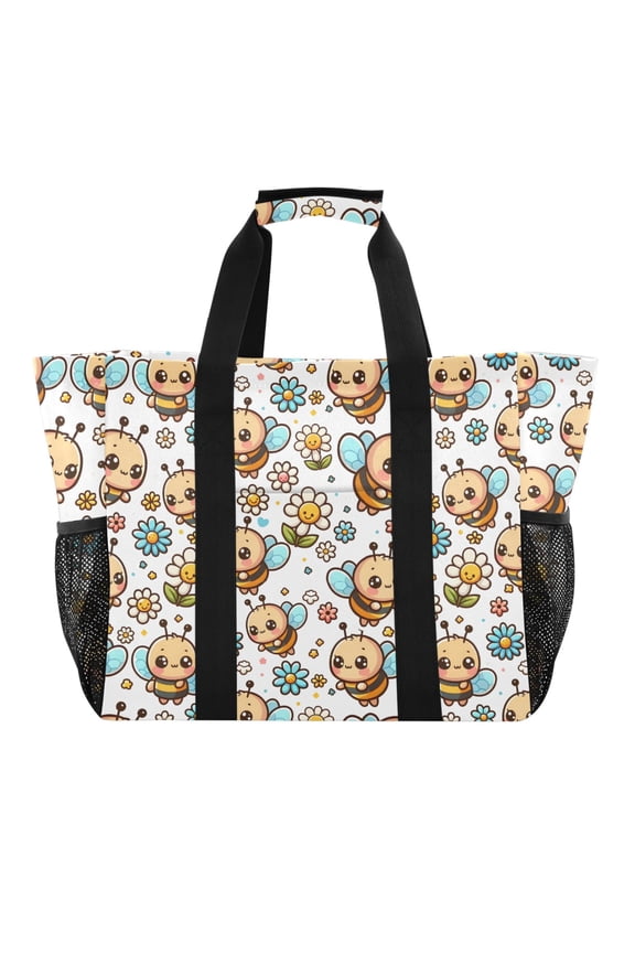Cute Cartoon Bee Reusable Grocery Bags with Handle Side Pocket Waterproof Shopping Portable Tote