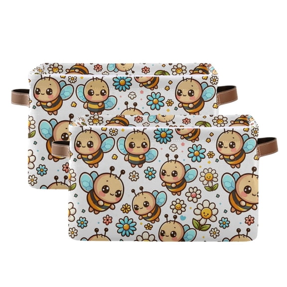 Cute Cartoon Bee Storage Bins with Handle Fabric Organizer Basket Foldable Box 2 Pack 14.2x10.2x8.3