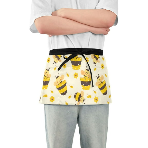 Cute Cartoon Bees and Flower Server Apron with 3 Pockets Waterproof Waitress Waist Short Apron for Man Woman 12 Inches