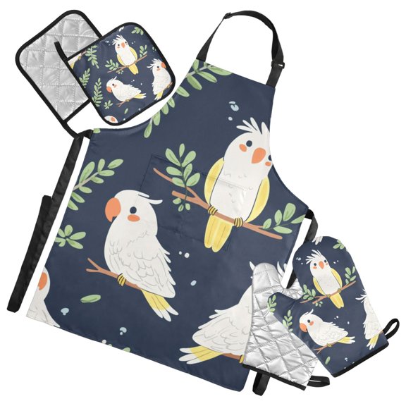 Cute Cartoon Birds Oven Mitts and Pot Holders with Chef Apron Set 5 Pcs Kitchen Cooking Set
