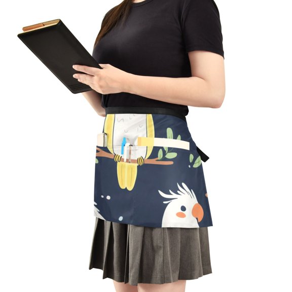 Cute Cartoon Birds Server Apron with 3 Pockets Waist Apron for Waiter Waitress