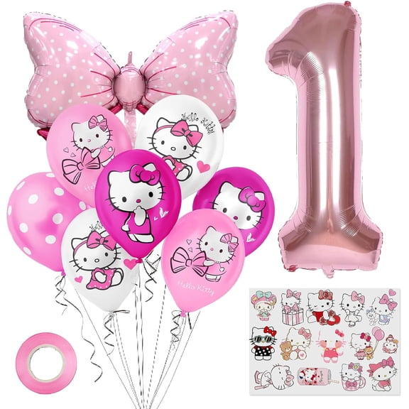 Cute Cartoon Birthday Decoration Party Supplies, Including Pink Thematic Numbers 1 Foil Balloons, Cute Latex Balloons, Cartoon Sticker