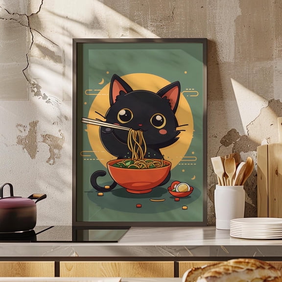 Cute Cartoon Black Cat Eating Ramen Japanese Noodle Tokyo Kitchen Decor, Unframed Poster