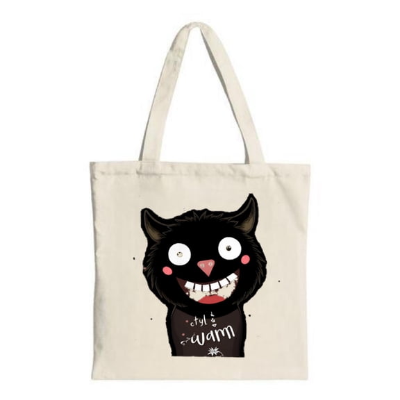 Cute Cartoon Black Cat Tote Bag - Features a playful cat in a sweater saying ' chat & warm ' perfect for shopping travel and parties