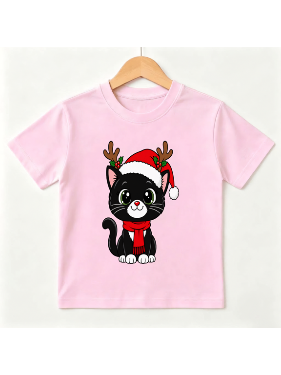Cute Cartoon Black Cat with Festive Hat and Reindeer Antlers Kids T-Shirt