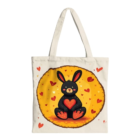 Cute Cartoon Black Rabbit Tote Bag - Whimsical Design with Hearts Perfect for Shopping Travel & Parties - Reusable Canvas Bag