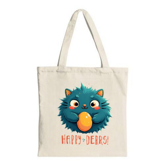 Cute Cartoon Blue Fluffy Creature Tote Bag - " HAPPY DERRS " with Orange Egg Perfect for Shopping Travel & Parties - Reusable Canvas