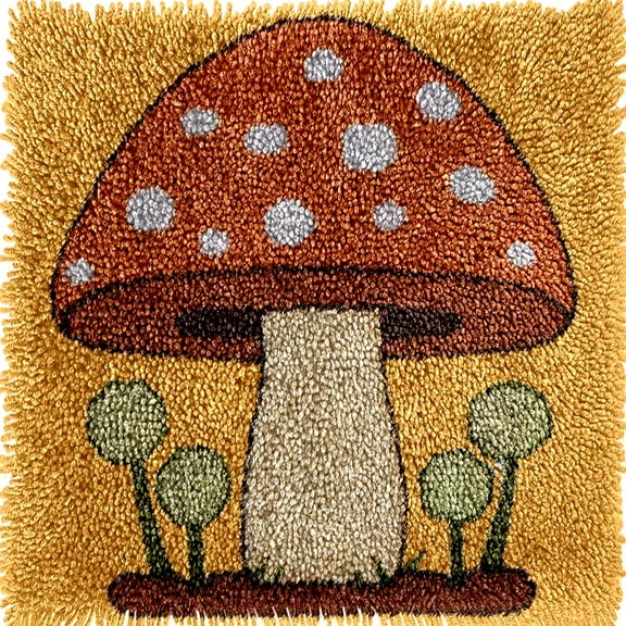 Cute Cartoon Brown Mushroom Latch Hook kits Mini Rug DIY Handmade Crochet Yarn Needlework Hook and Latch Kit Printed Canvas Carpet Cushion Cover Home Christmas Decoration 30x30cm(2)